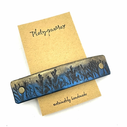 Moonlit Forest Trees Blue & Gold Leather Hair Barrette