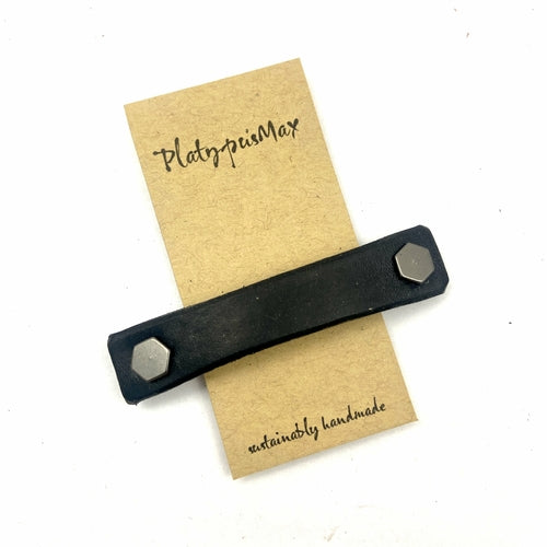 Black Leather Barrette + Minimal / Industrial Hex Hardware