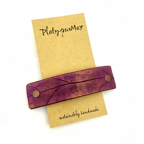 Purple and Copper Oak Leaf Imprint Leather Hair Barrette