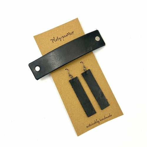 Basic Black Upcycled Leather Barrette and Earring Gift Set