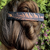 Copper Feather on Black Leather Barrette and Earring Gift Set