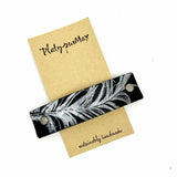 Silver Feather on Black Leather Hair Barrette