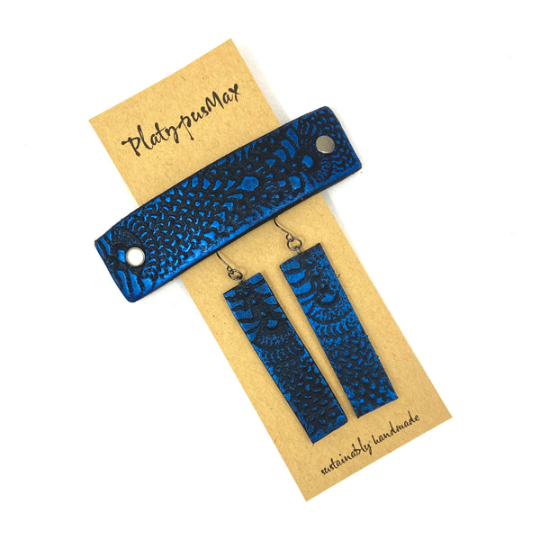 Cobalt Blue & Black Lace Texture Barrette and Earring Gift Set