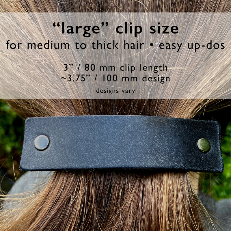 Black Leather Barrette + Minimal / Industrial Hex Hardware