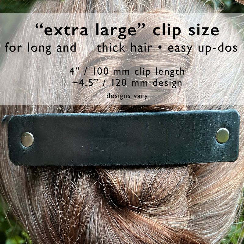 Black Leather Barrette + Minimal / Industrial Hex Hardware