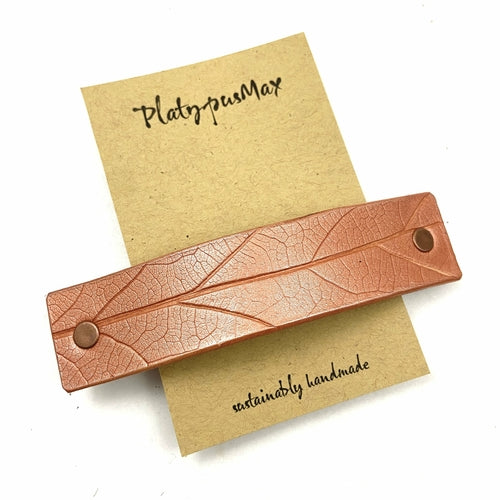 Shiny Copper Oak Leaf Imprint Leather Hair Barrette