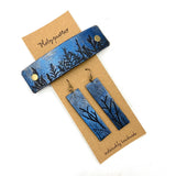 Tiny Forest / Trees Blue & Silver Shimmer Leather Hair Barrette