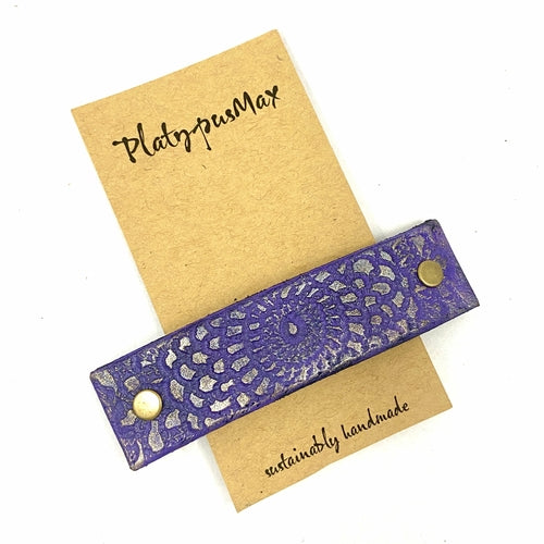 Shimmery Purple and Gold Embossed Mandala Leather Hair Barrette