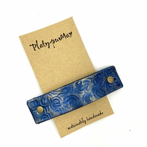 Lapis Blue & Gold Leather Barrette with Rustic Spirals Texture