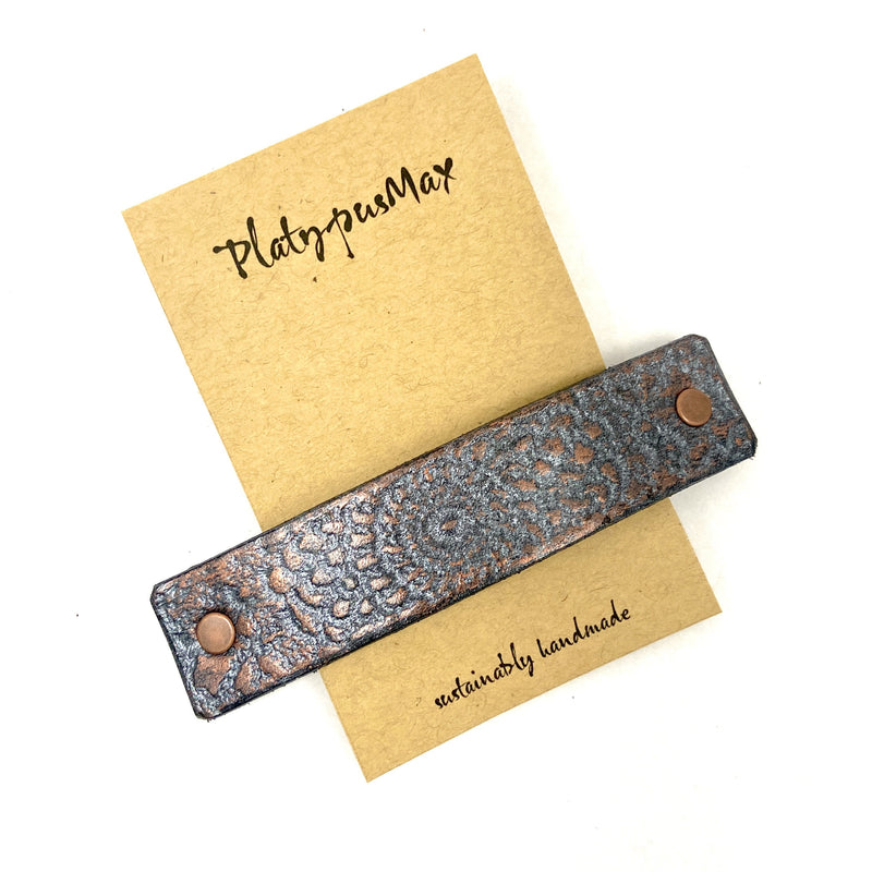 Bronze and Gunmetal Embossed Mandala Leather Hair Barrette