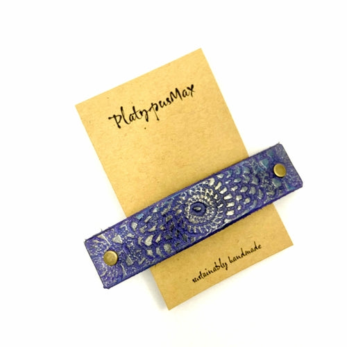 Shimmery Purple and Gold Embossed Mandala Leather Hair Barrette