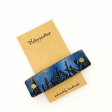 Moonlit Forest Trees Blue & Gold Leather Hair Barrette