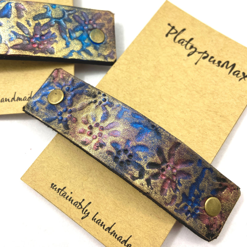 Wildflowers Rustic Stamped Leather Hair Barrette - Gold, Pink & Blue