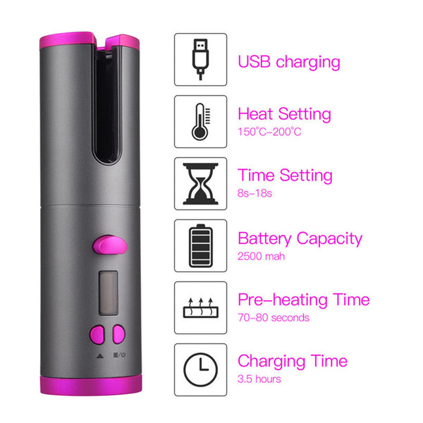 Automatic Hair Curler Curling Iron Wireless Ceramic USB Rechargeable